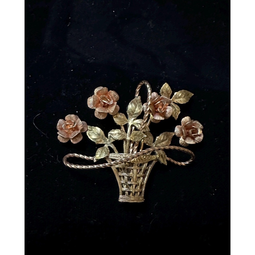 Krementz Flower Basket Brooch Yellow & Rose Gold Overlay